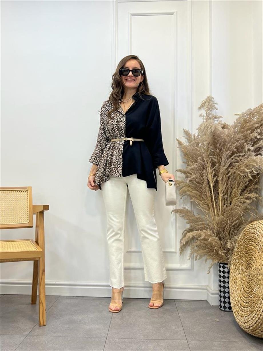 Siyah Leopar Detaylı Pamuklu Gömlek 256013