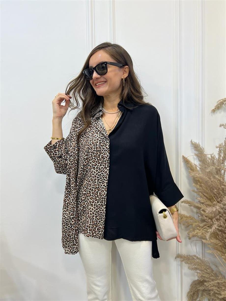 Siyah Leopar Detaylı Pamuklu Gömlek 256013