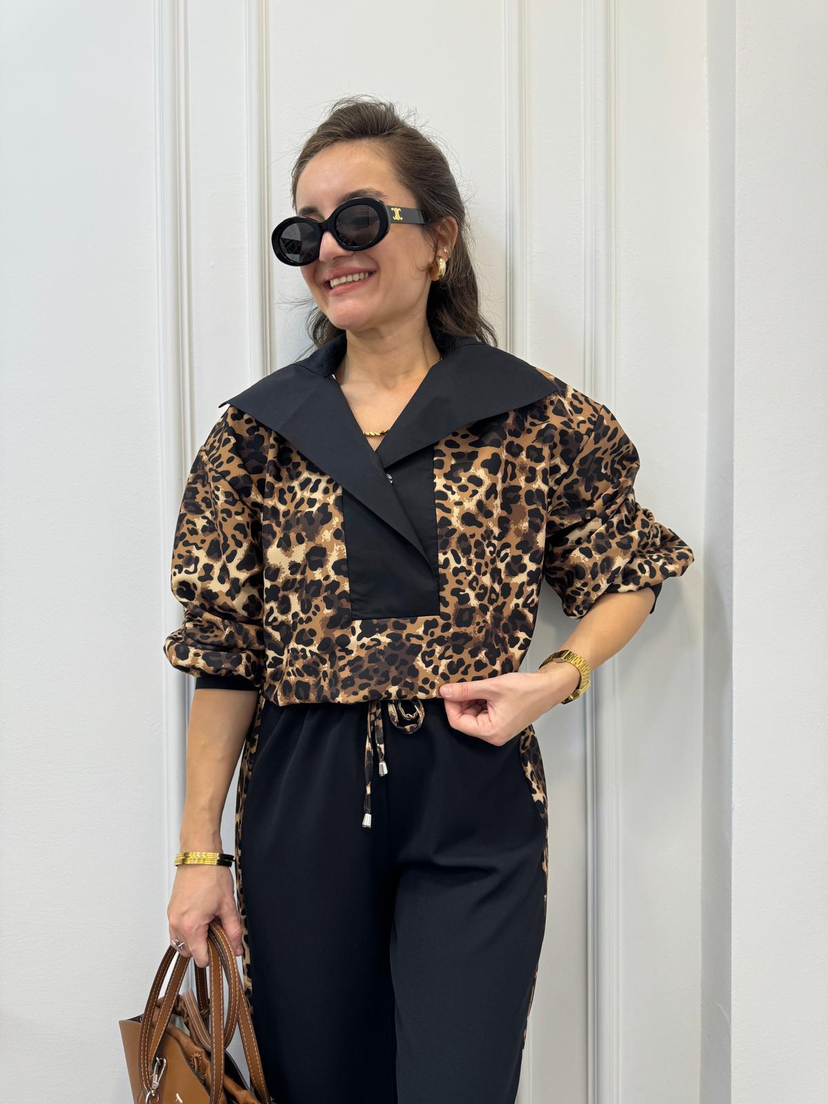 Siyah Leopar Garnili Tasarım Alt Büzgülü Sweetshırt 35426