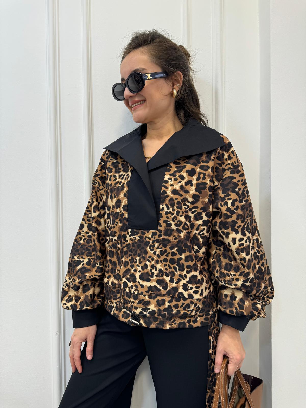 Siyah Leopar Garnili Tasarım Alt Büzgülü Sweetshırt 35426