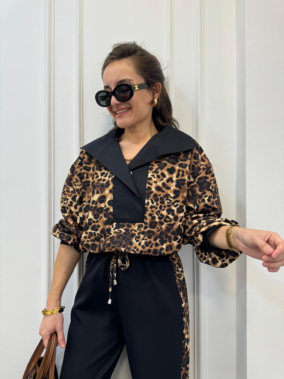Siyah Leopar Garnili Tasarım Alt Büzgülü Sweetshırt 35426