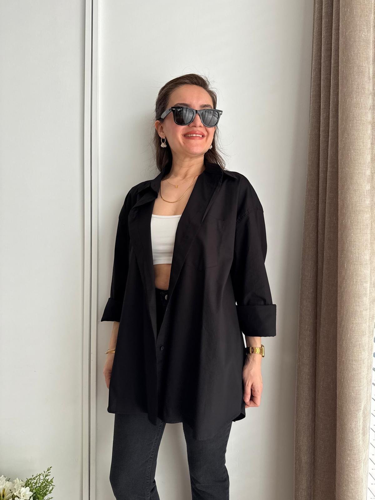 Siyah Lüx Kalite Pamuklu Oversize Gömlek 5310