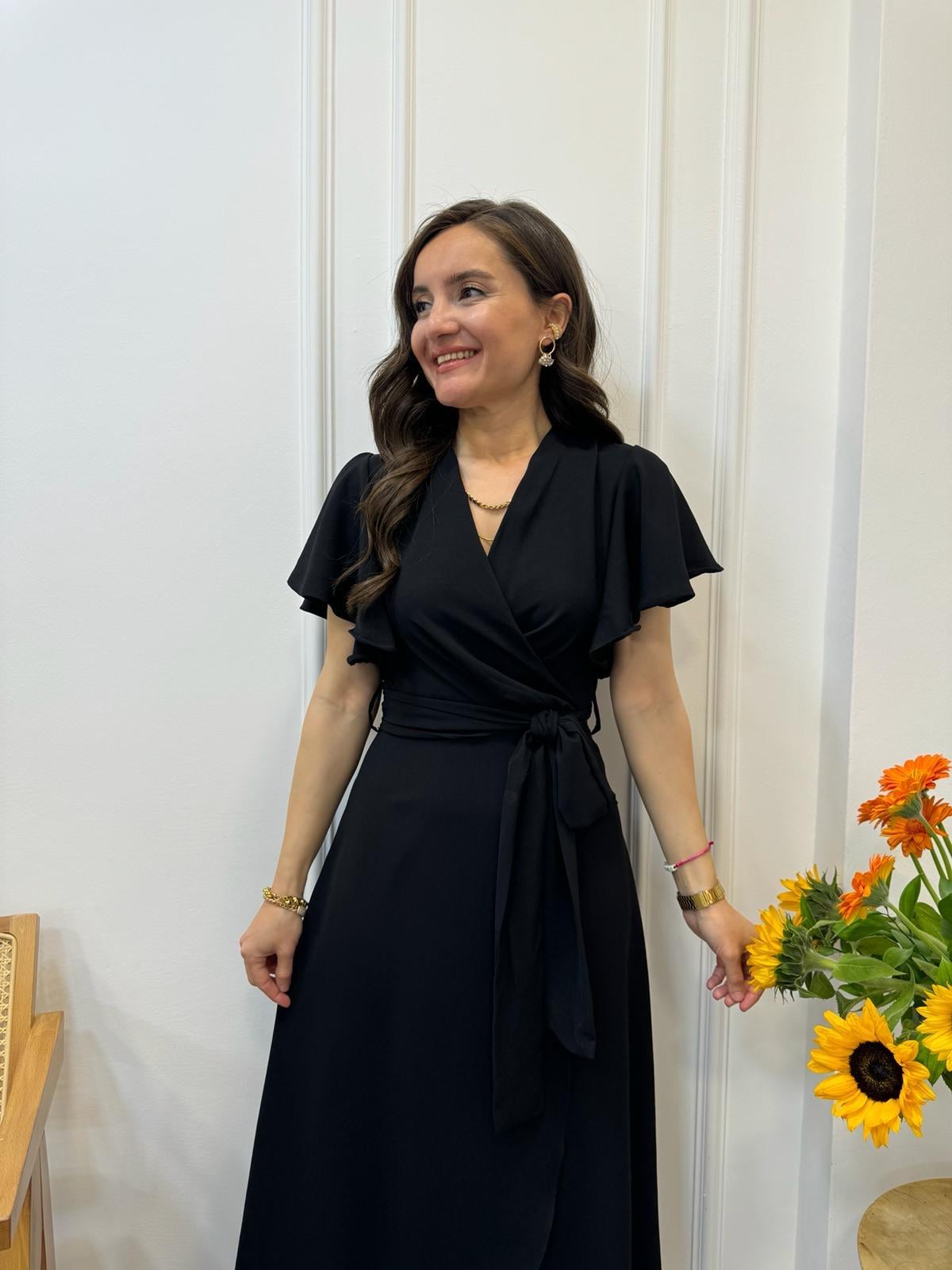 Siyah Midi Boy Anvelop Elbise 3095