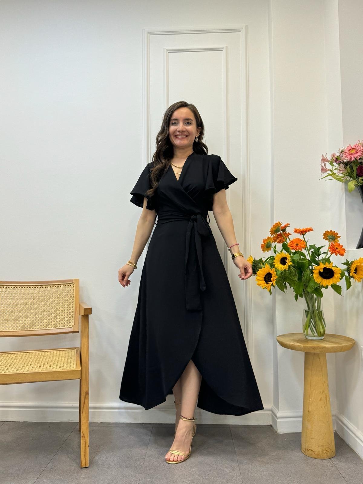 Siyah Midi Boy Anvelop Elbise 3095