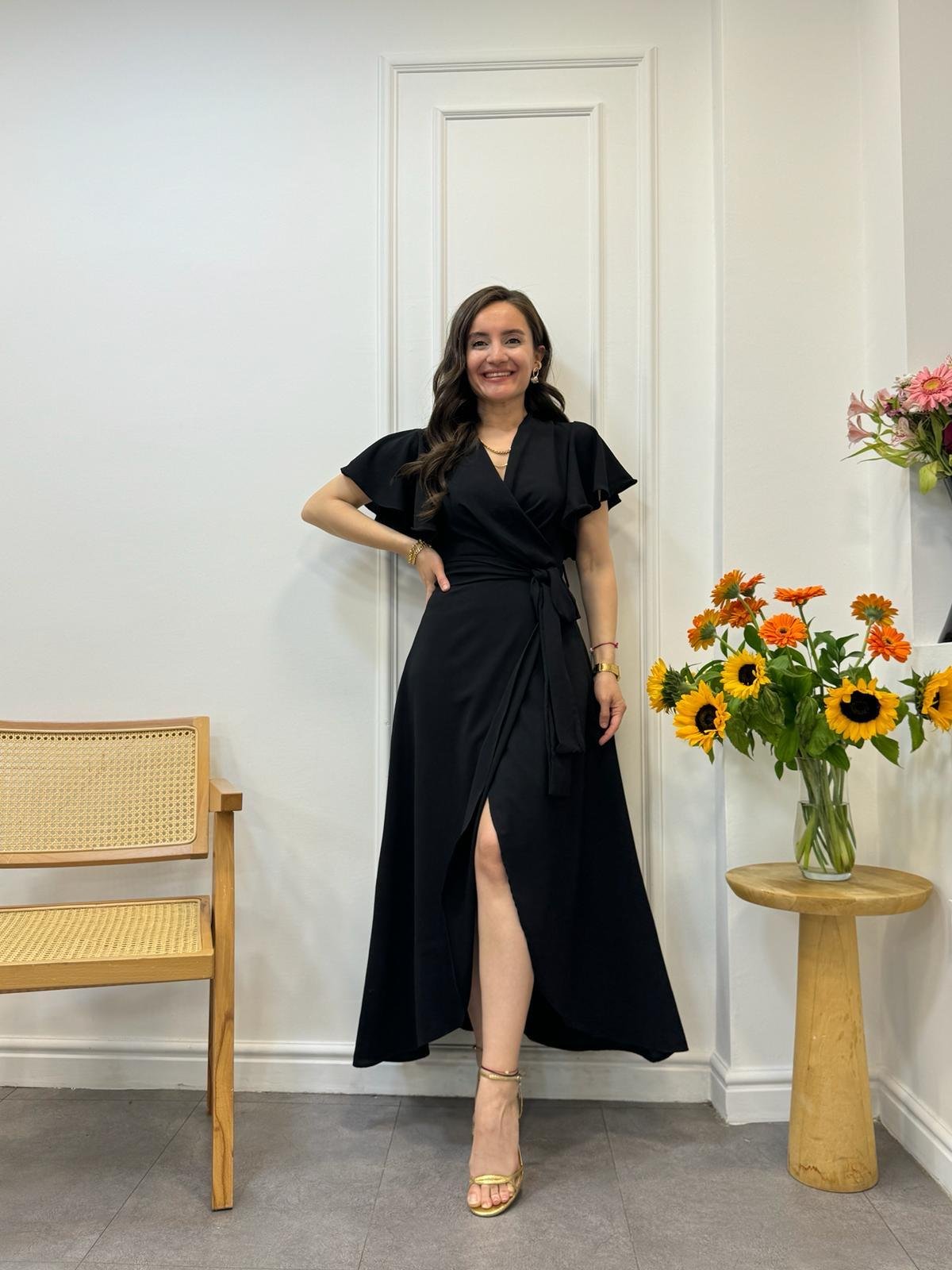 Siyah Midi Boy Anvelop Elbise 3095