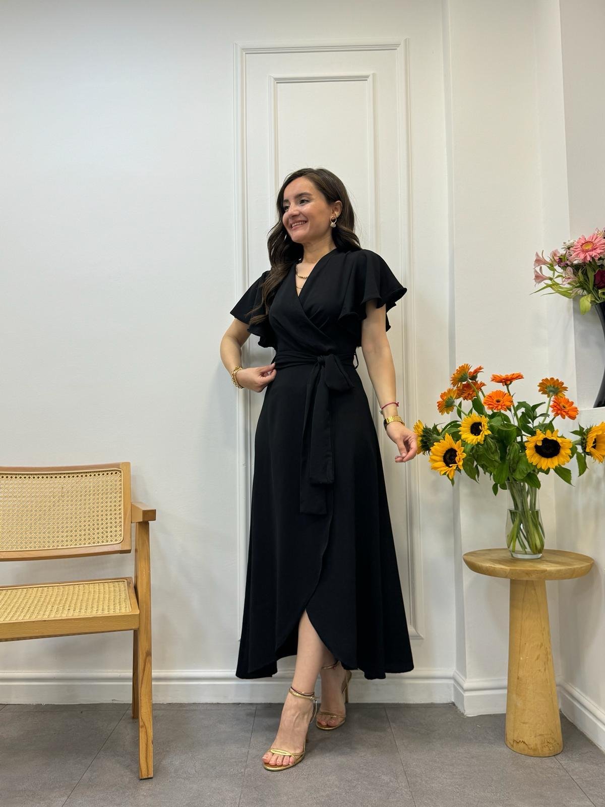 Siyah Midi Boy Anvelop Elbise 3095