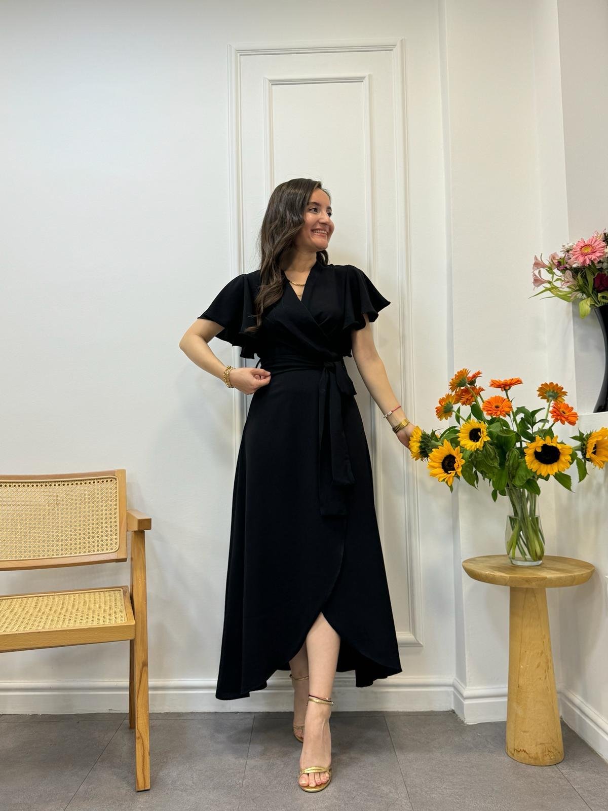 Siyah Midi Boy Anvelop Elbise 3095