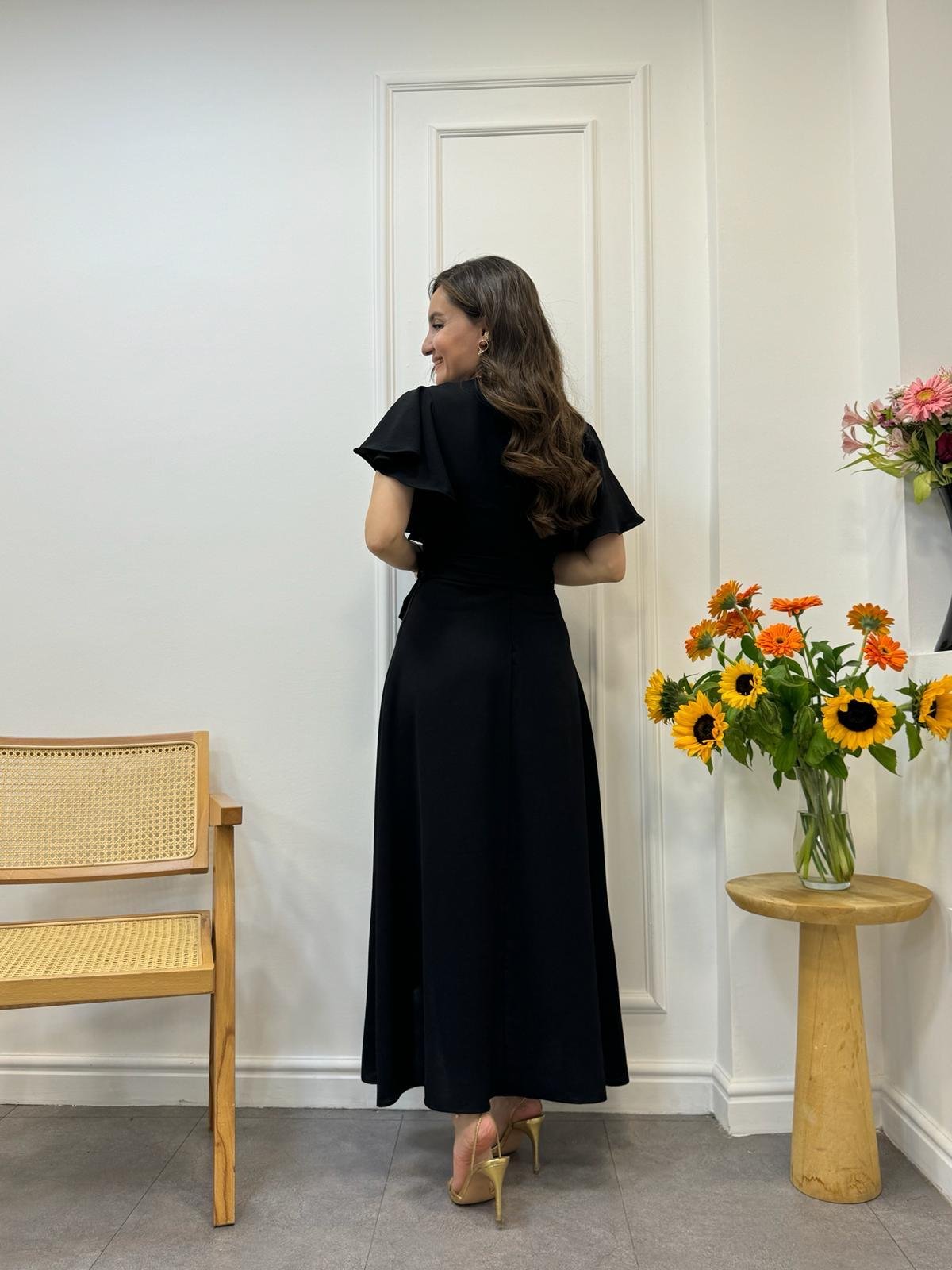 Siyah Midi Boy Anvelop Elbise 3095