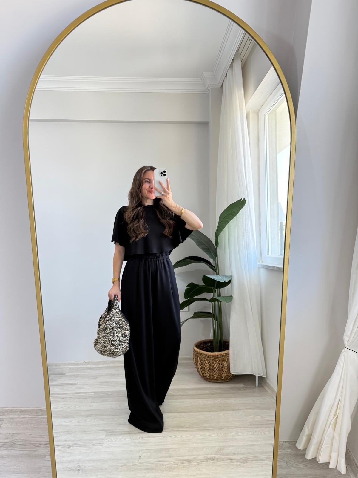 Siyah Modal Kumaş Tasarım Bluz Pantolon Takım 1201