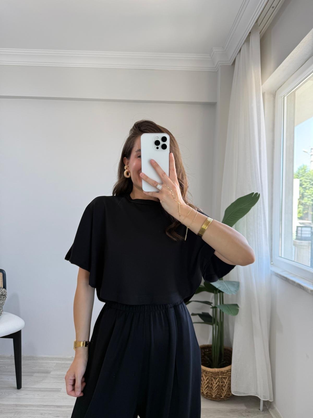 Siyah Modal Kumaş Tasarım Bluz Pantolon Takım 1201