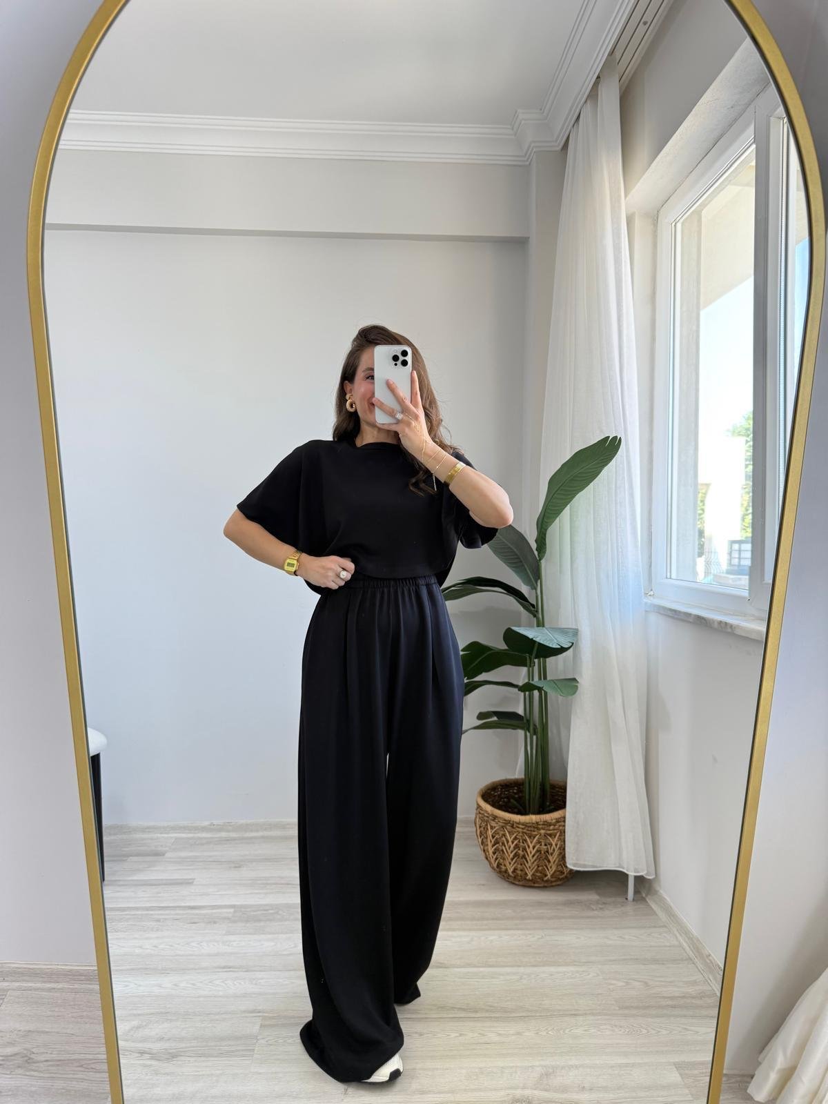 Siyah Modal Kumaş Tasarım Bluz Pantolon Takım 1201