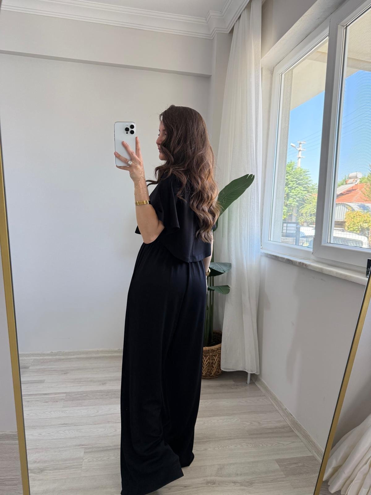 Siyah Modal Kumaş Tasarım Bluz Pantolon Takım 1201