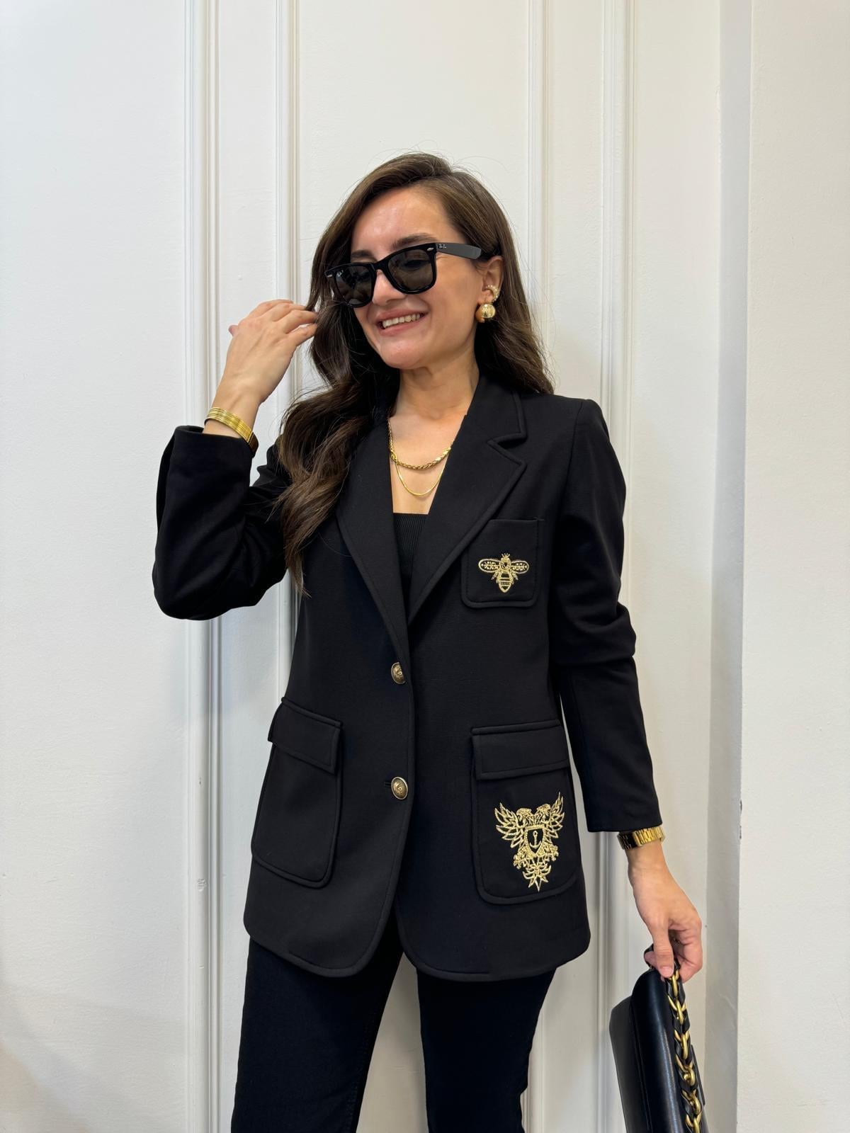 Siyah Nakış İşlemeli Tasarım Blazer Ceket 28931