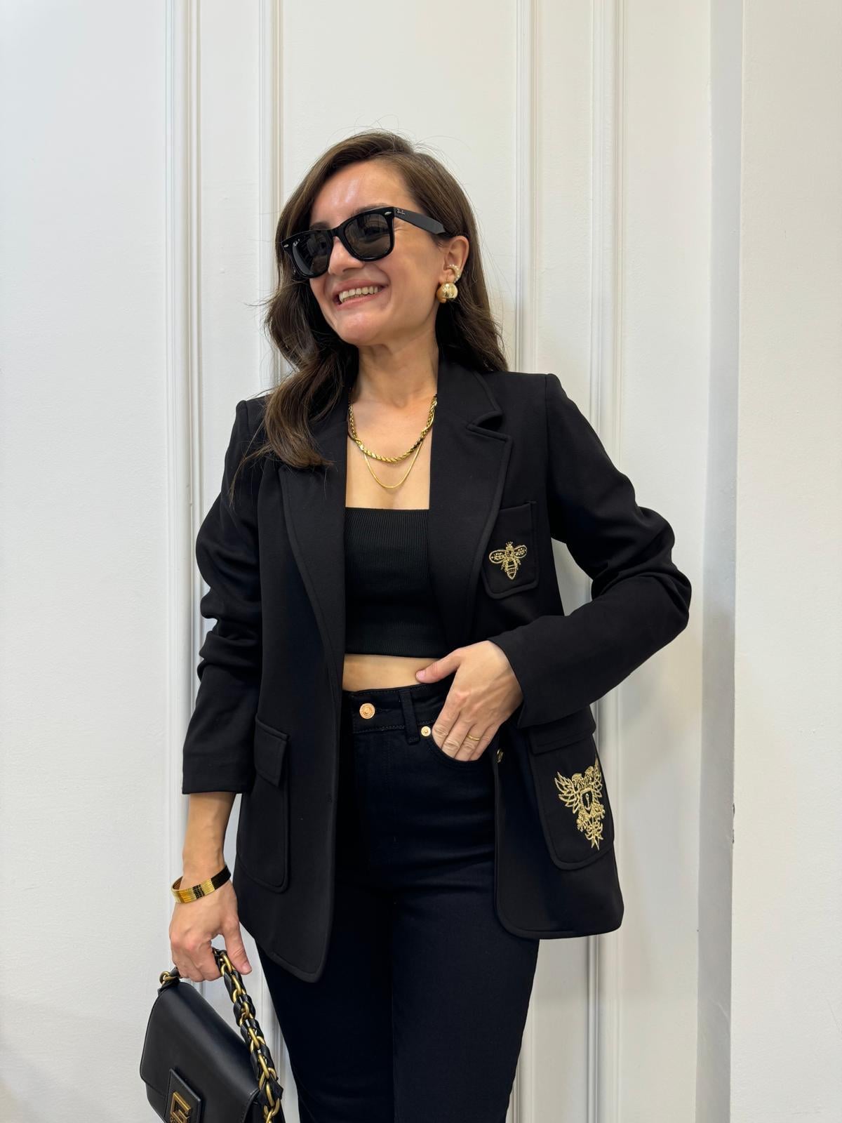 Siyah Nakış İşlemeli Tasarım Blazer Ceket 28931