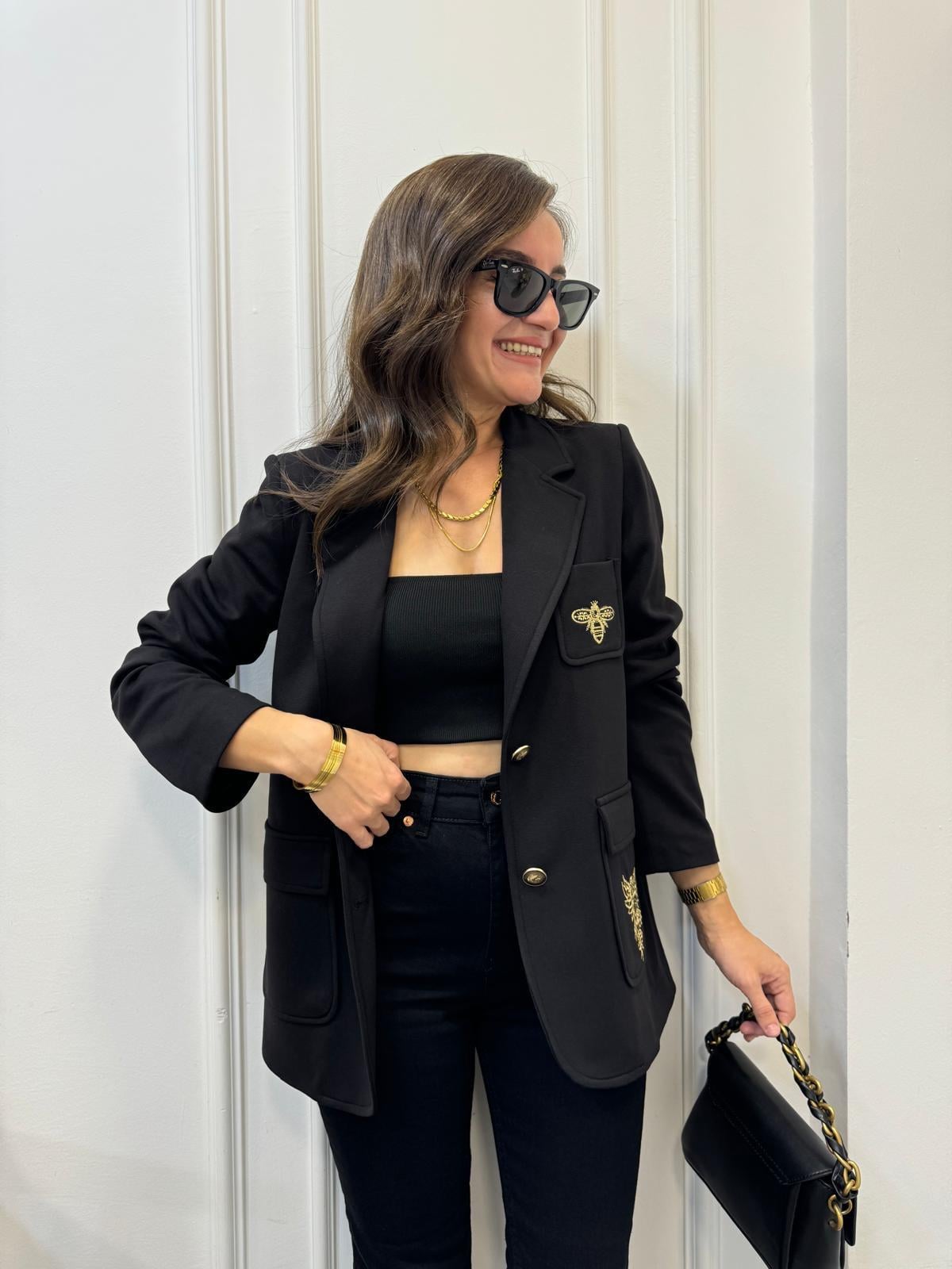 Siyah Nakış İşlemeli Tasarım Blazer Ceket 28931