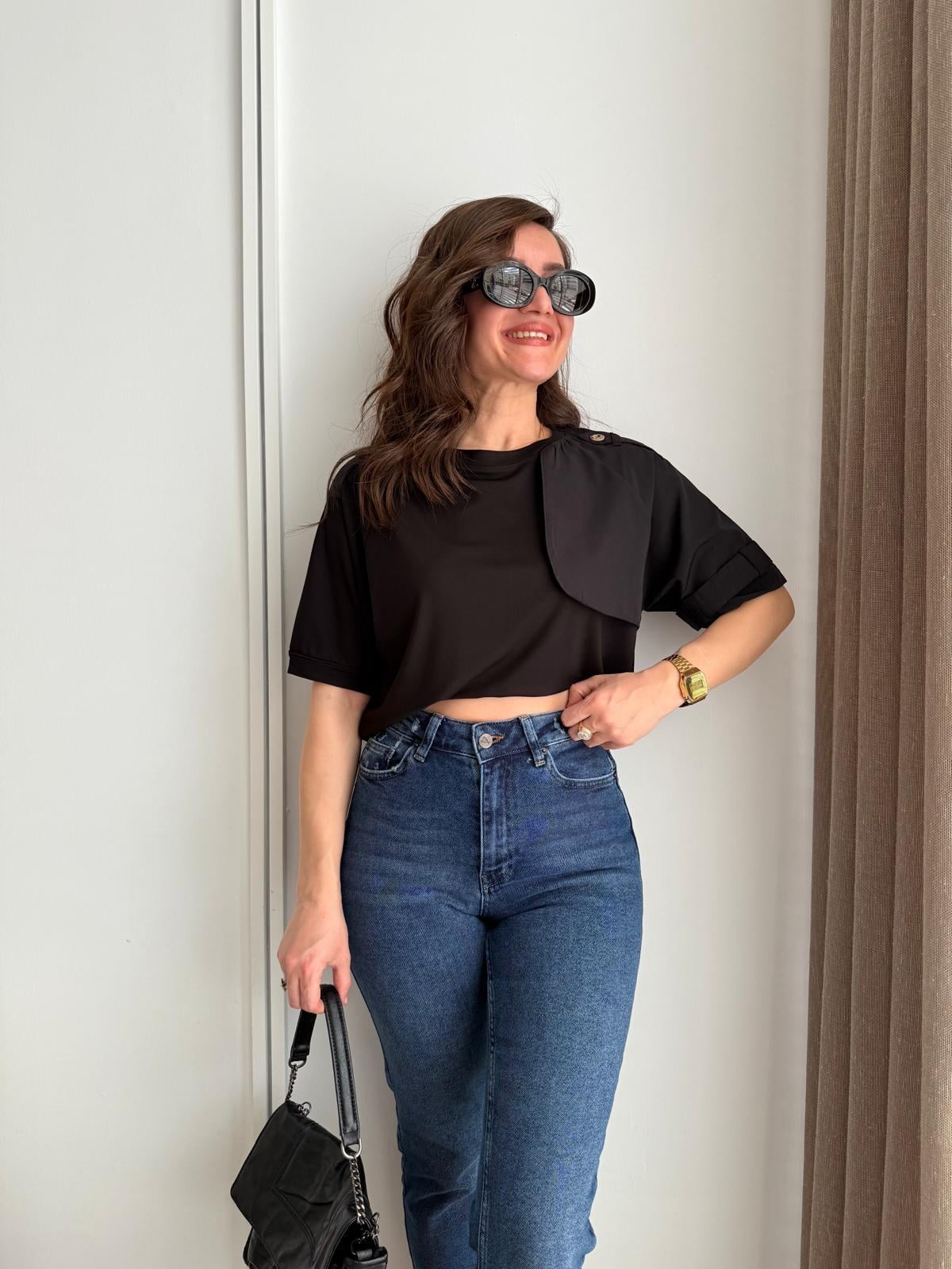 Siyah Omuz Detaylı Tshirt 28503