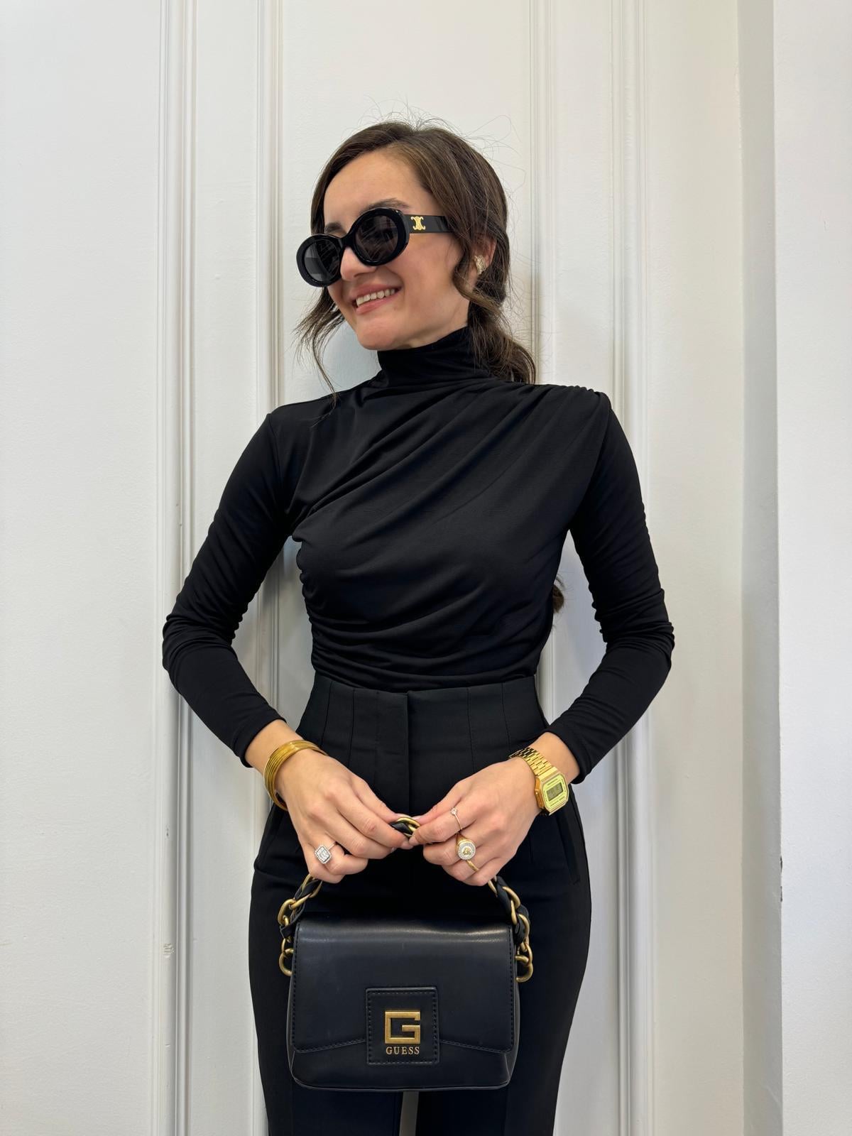 Siyah Omuz Drape Detaylı Tasarım Bluz 7043