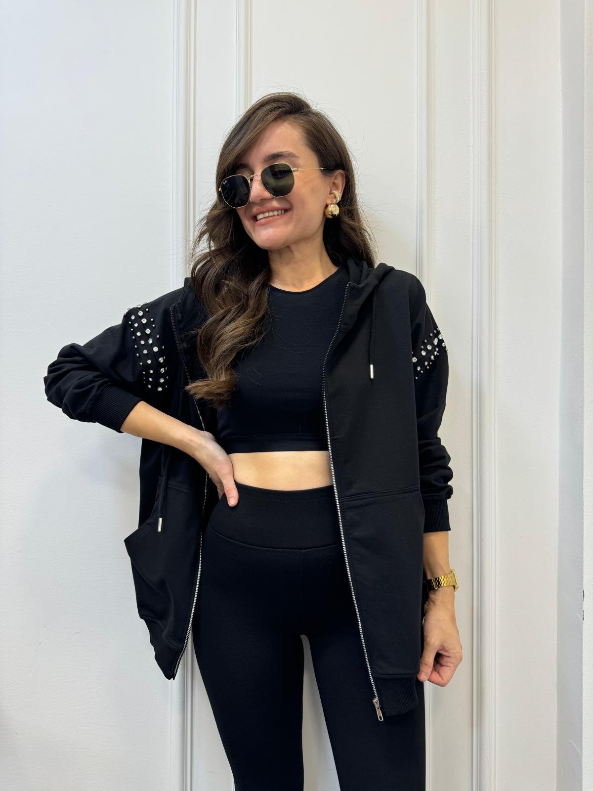 Siyah Omuz Taşlı Şardonlu Fermuarlı Sweatshırt 35294