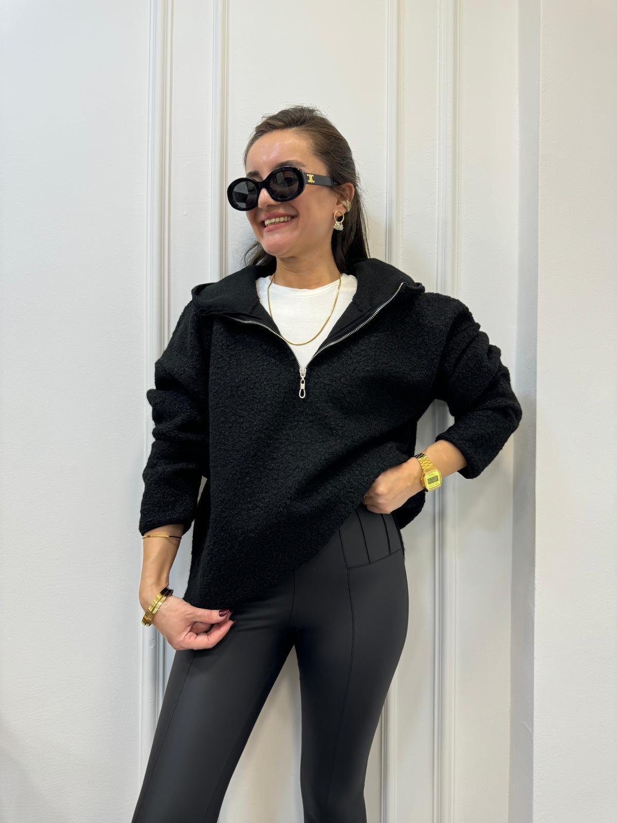 Siyah Ön Fermuar Detaylı Kapüşonlu Teddy Sweatshırt 8046