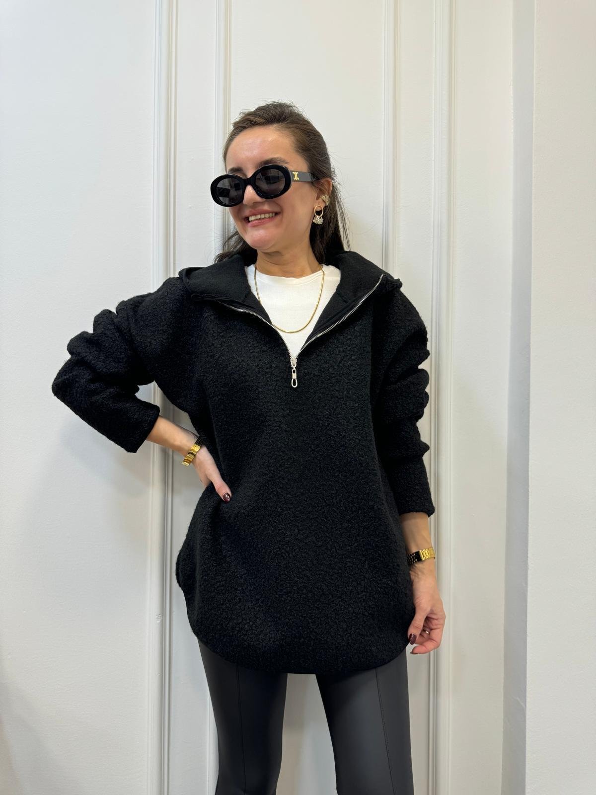 Siyah Ön Fermuar Detaylı Kapüşonlu Teddy Sweatshırt 8046