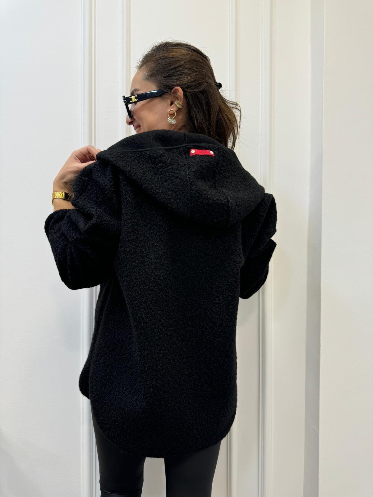 Siyah Ön Fermuar Detaylı Kapüşonlu Teddy Sweatshırt 8046