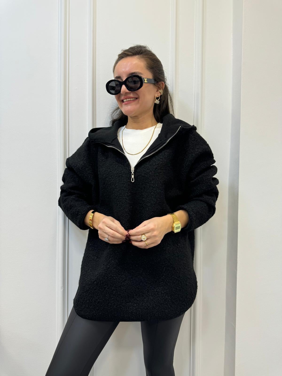 Siyah Ön Fermuar Detaylı Kapüşonlu Teddy Sweatshırt 8046