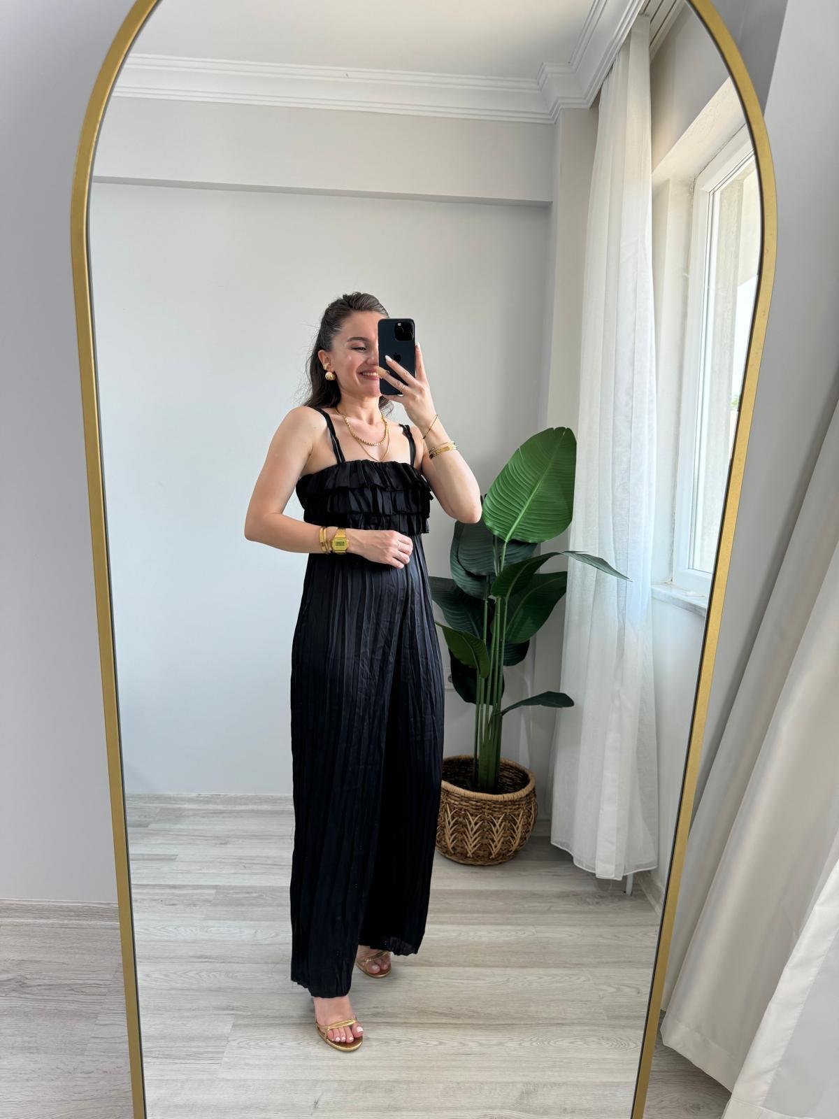 Siyah Önü Fırfır Detaylı Saten Tulum 6426