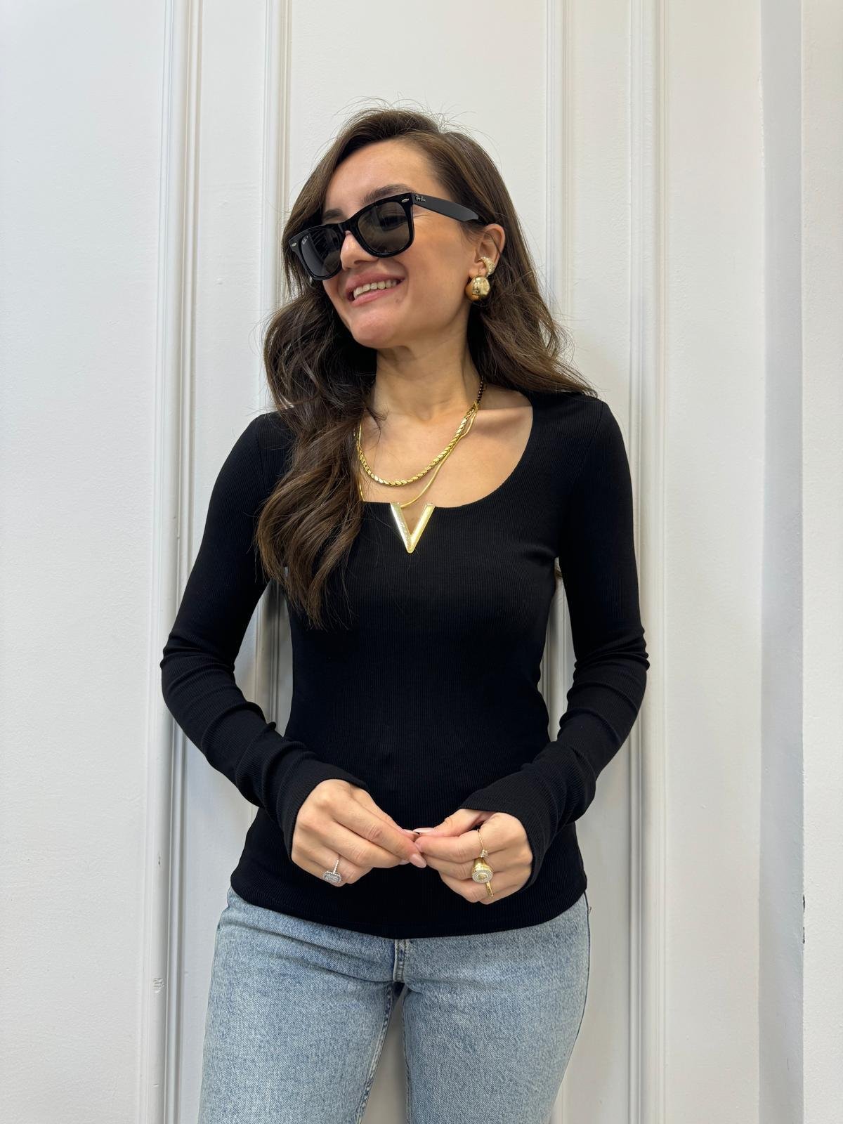 Siyah Önü Toka Detaylı Uzun Kol Tshirt 16334
