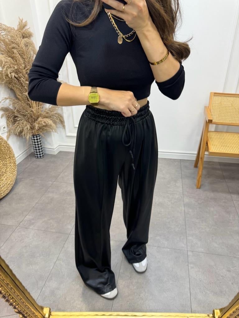 Siyah Örme Deri Palazzo Pantolon 50907