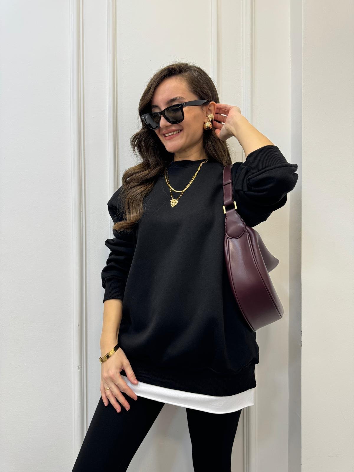 Siyah Oversize Bisiklet Yaka Sweatshırt 7912