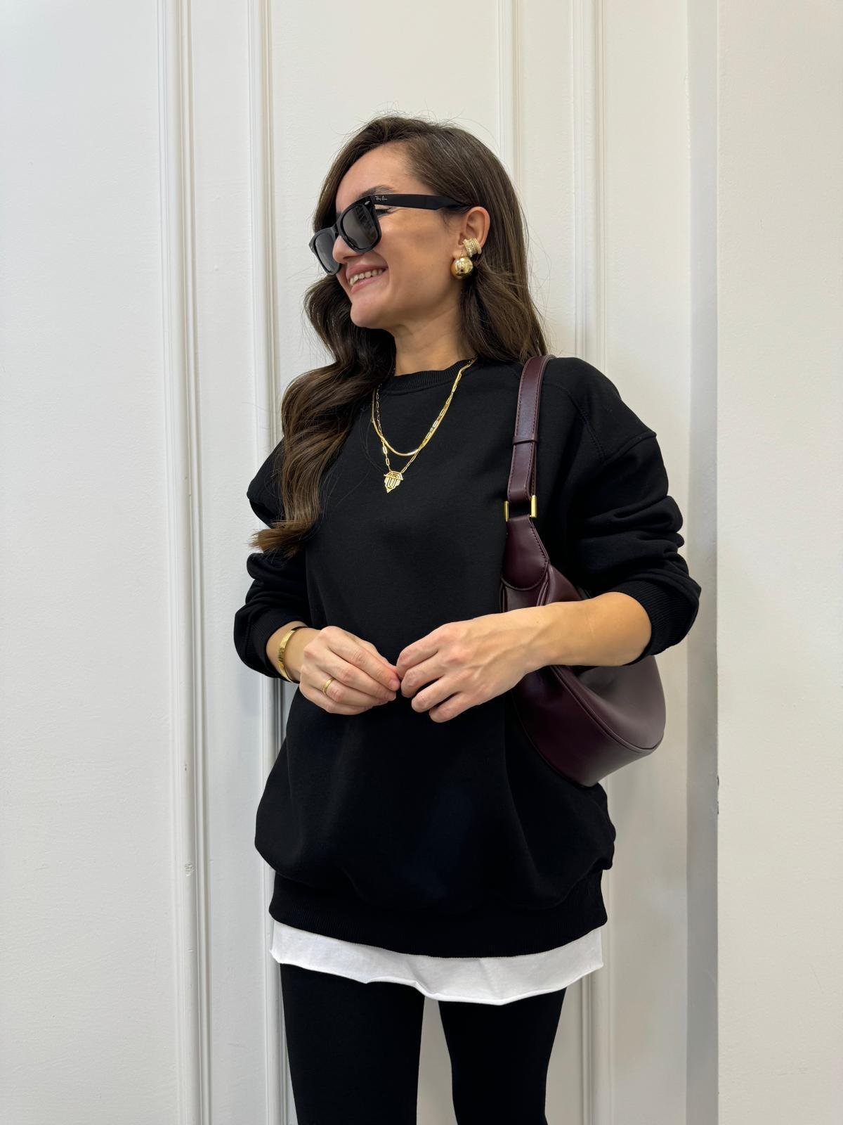 Siyah Oversize Bisiklet Yaka Sweatshırt 7912