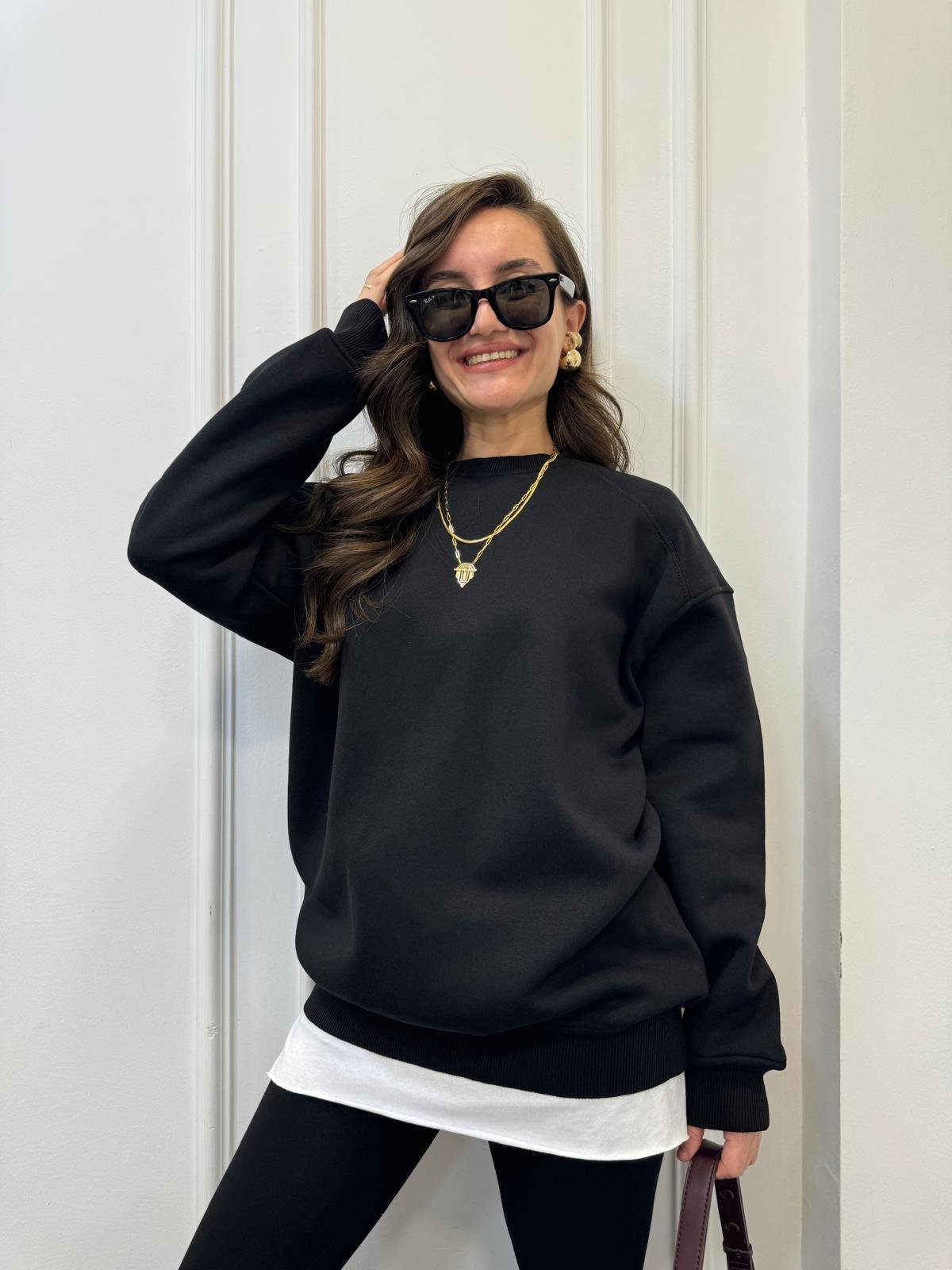 Siyah Oversize Bisiklet Yaka Sweatshırt 7912