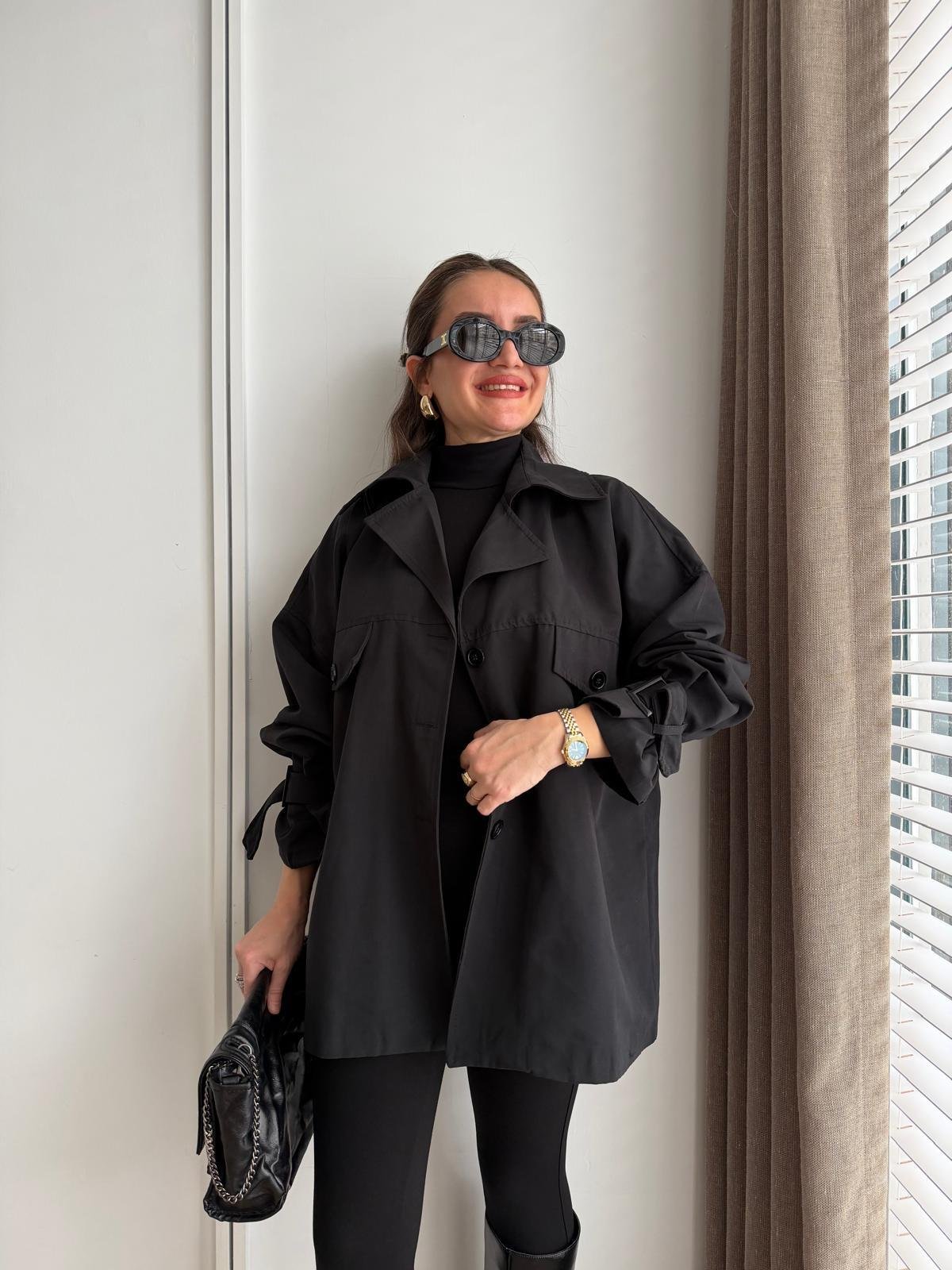 Siyah Oversize Kol Kemerli Trençkot T01