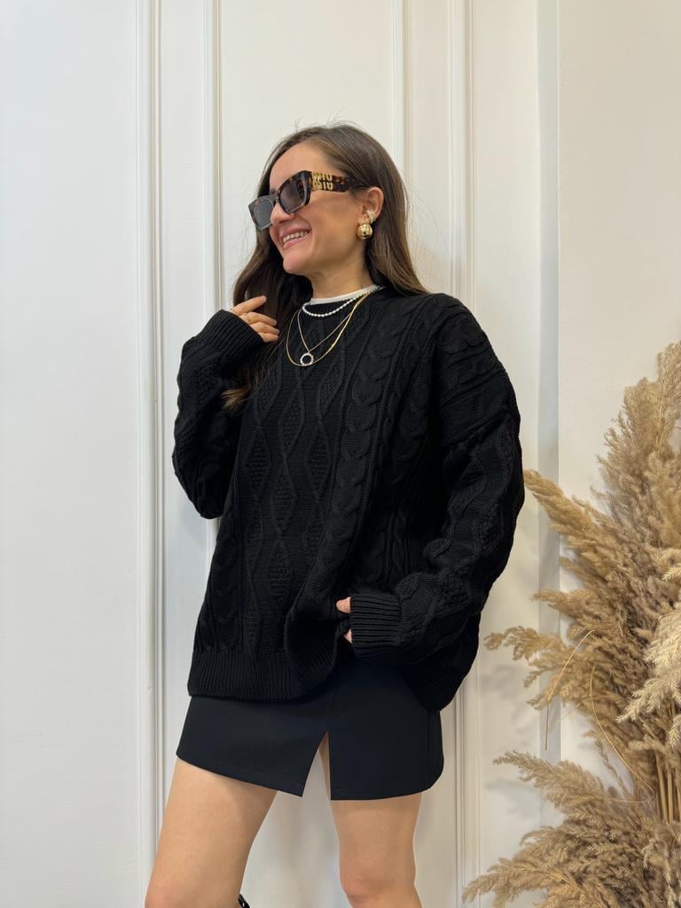 Siyah Oversize Örme Kazak 3762