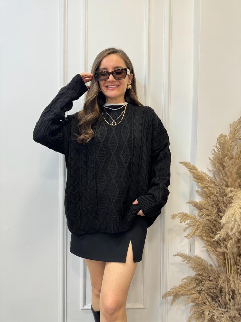 Siyah Oversize Örme Kazak 3762