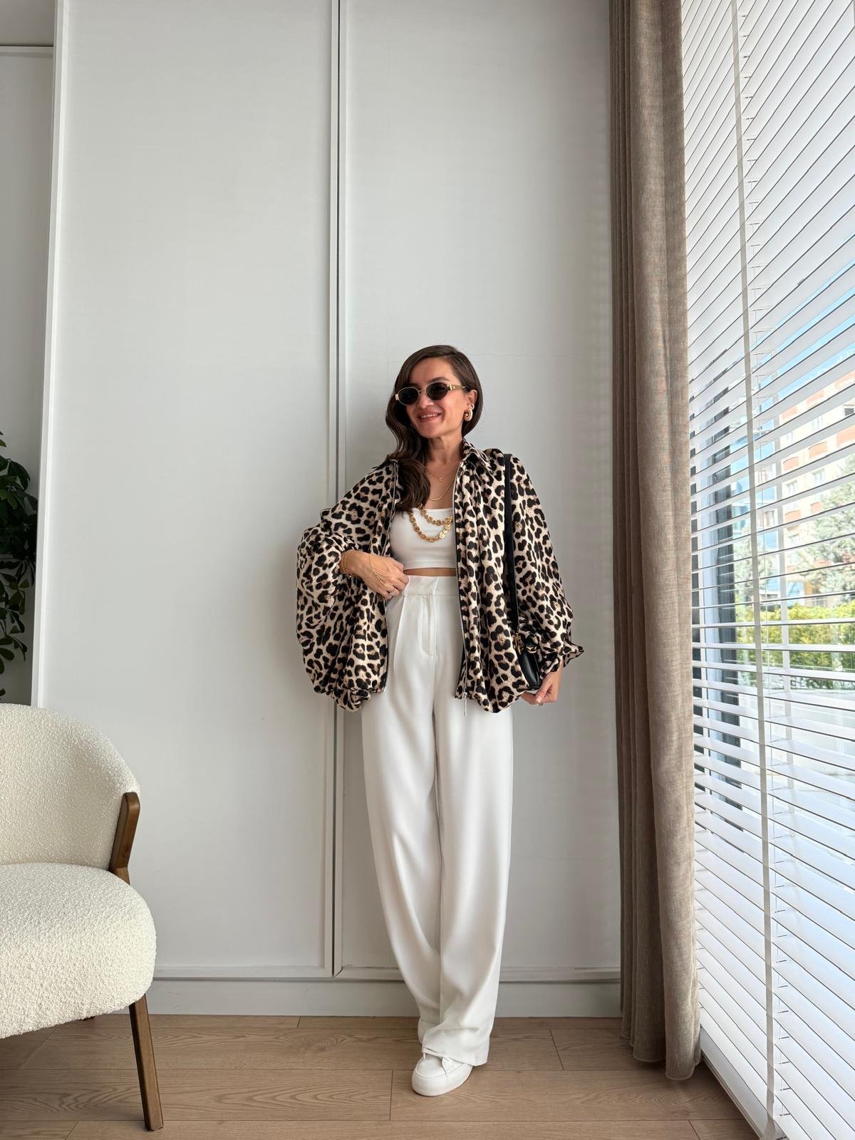 Siyah Özel Dokulu Leopar Desen Bomber Ceket 0187