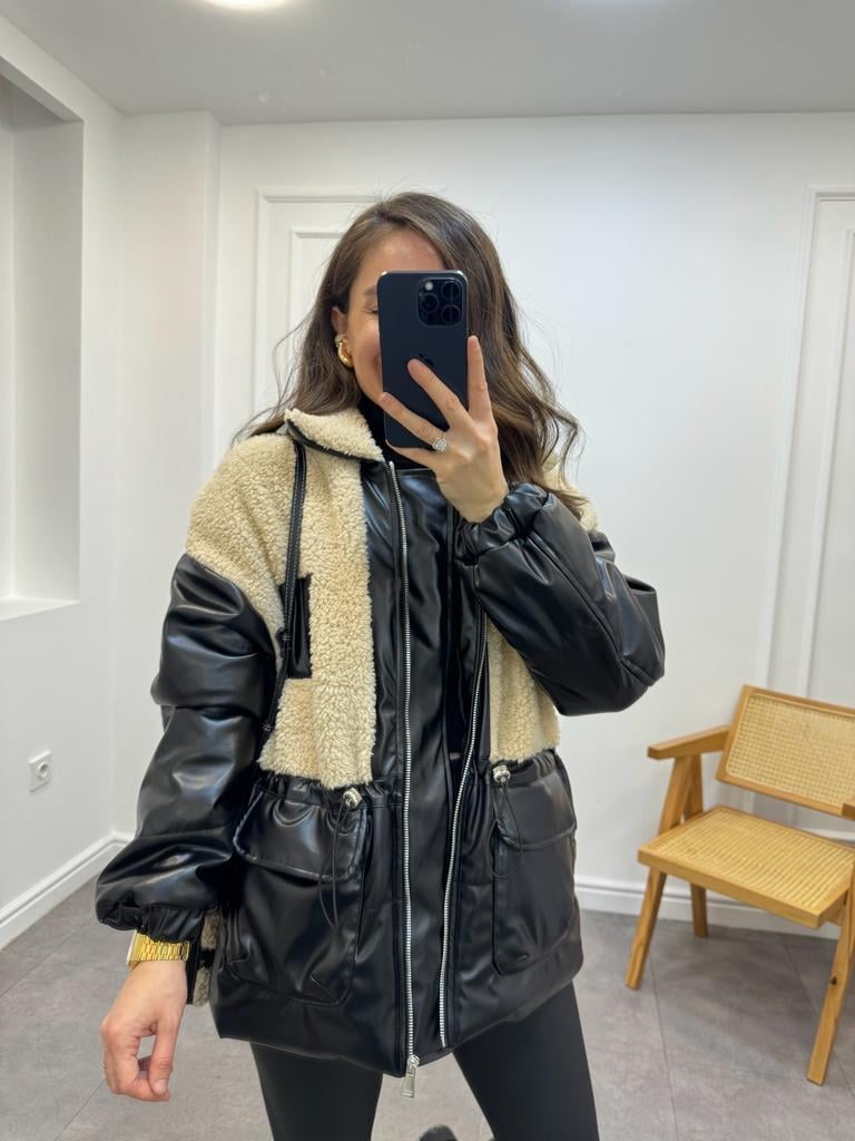 Siyah Peluş Detaylı Deri Mont 38072