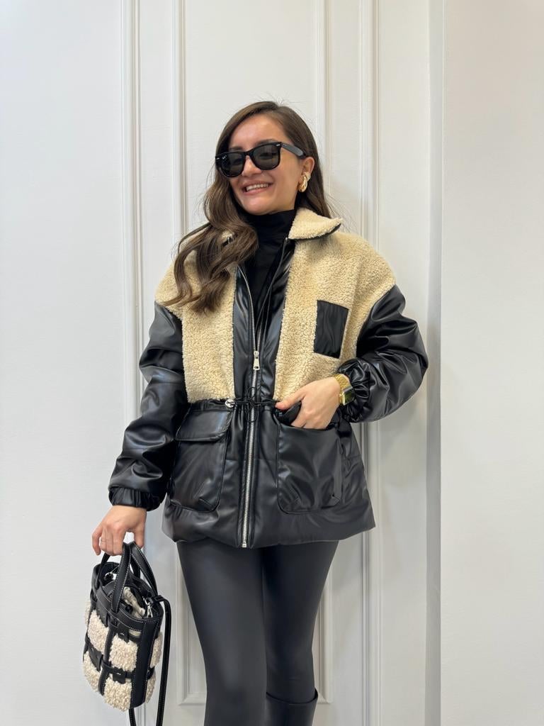 Siyah Peluş Detaylı Deri Mont 38072