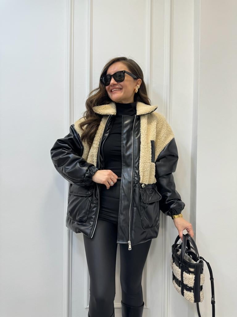 Siyah Peluş Detaylı Deri Mont 38072