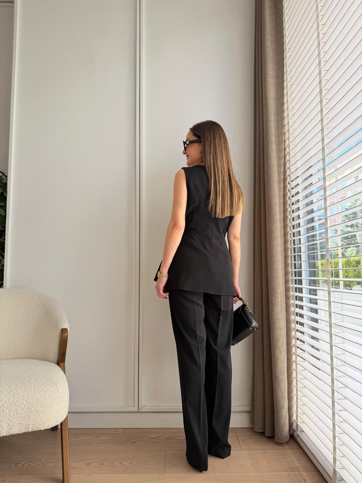 Siyah Pile Detaylı Düğümlü Bluz Pantolon Takım 9083