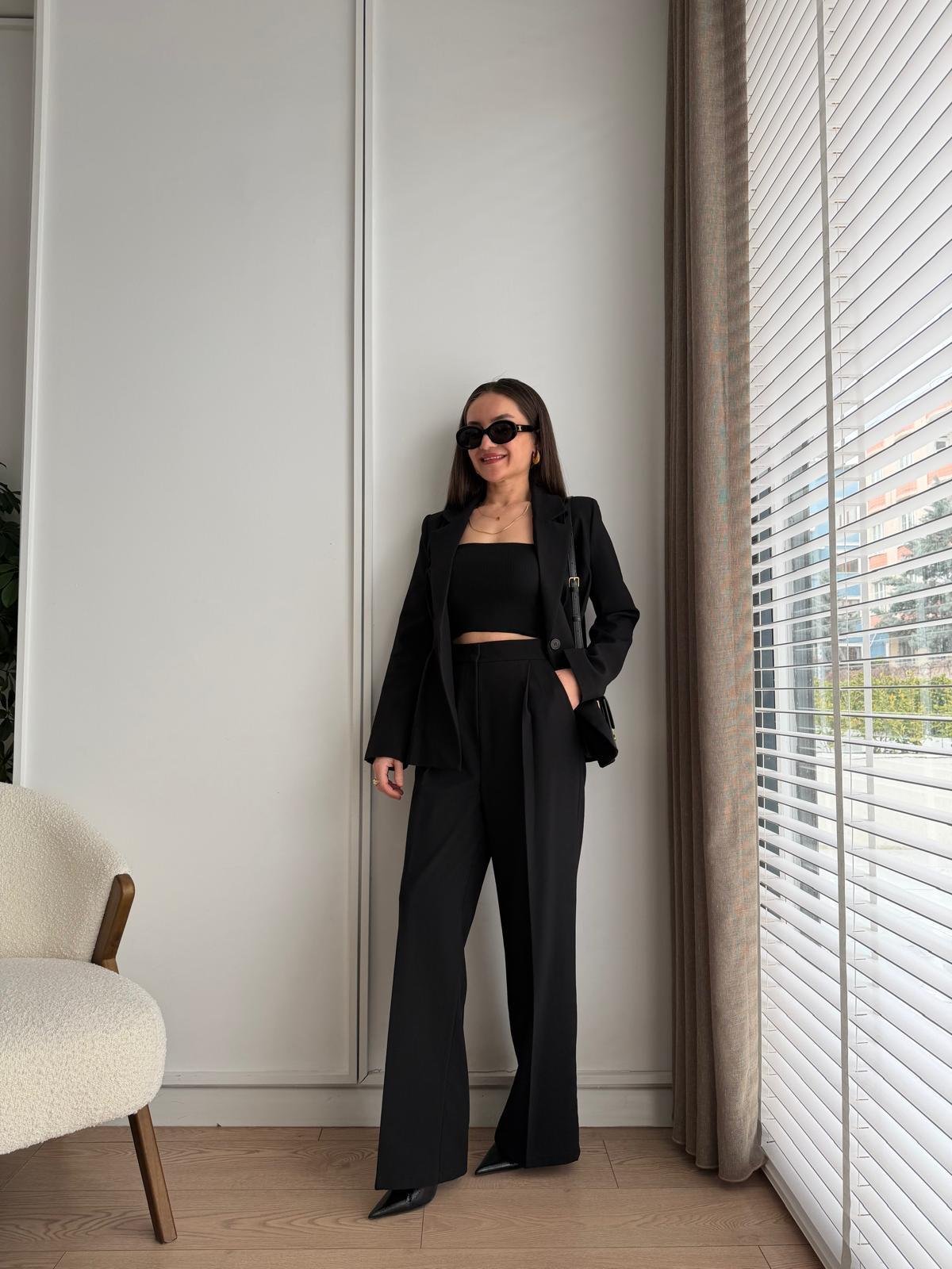Siyah Pile Detaylı Slimfit Ceket Pantolon Takım 8884