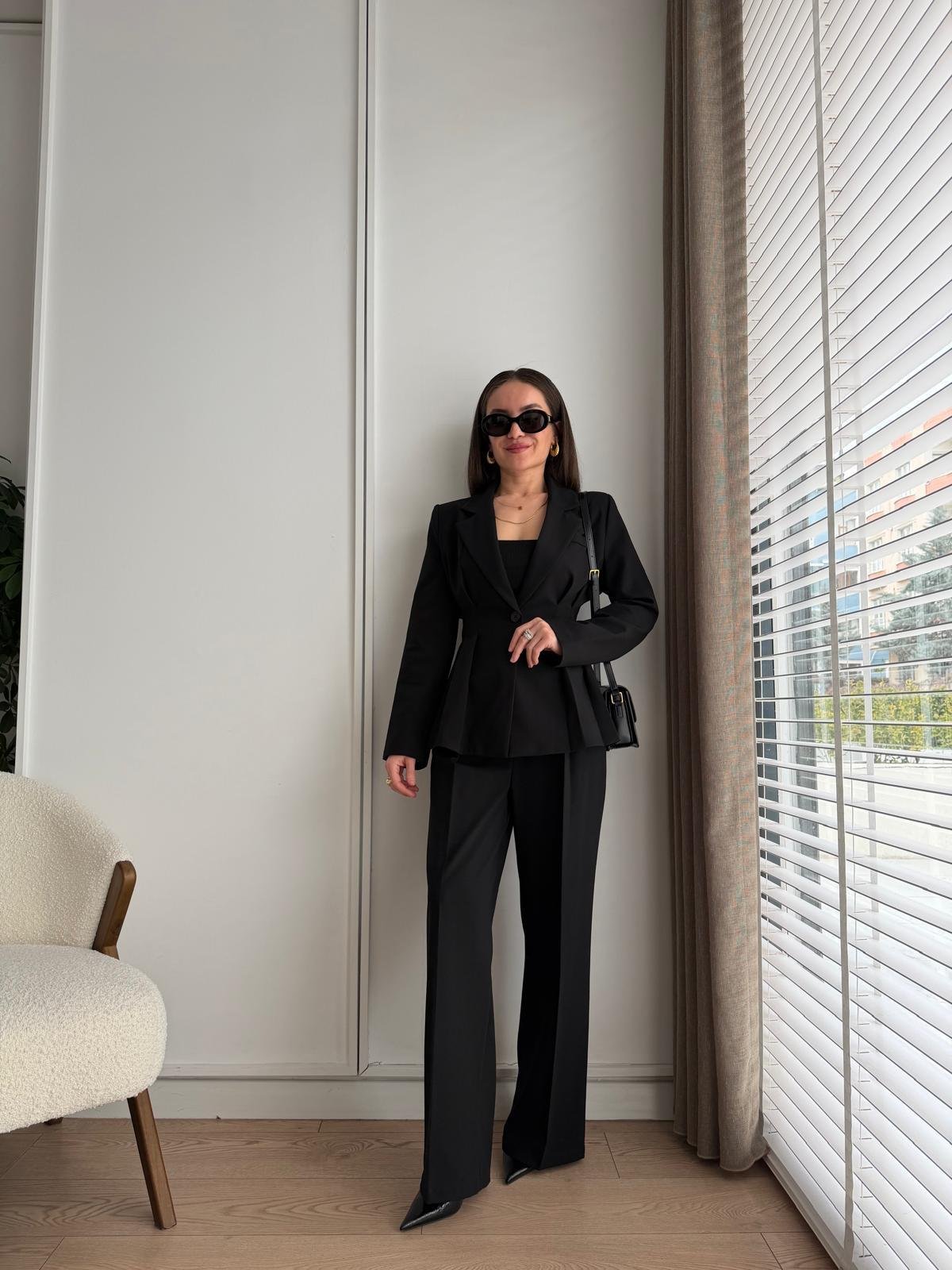 Siyah Pile Detaylı Slimfit Ceket Pantolon Takım 8884