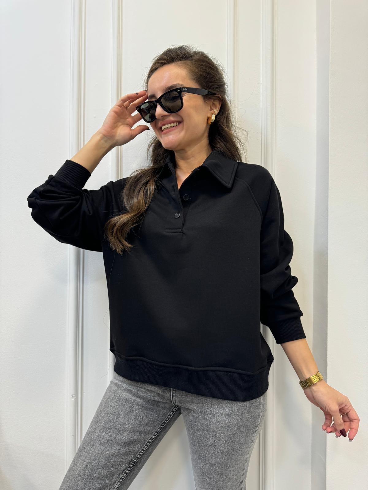 Siyah Polo Yaka Düğmeli Sweatshırt 580094