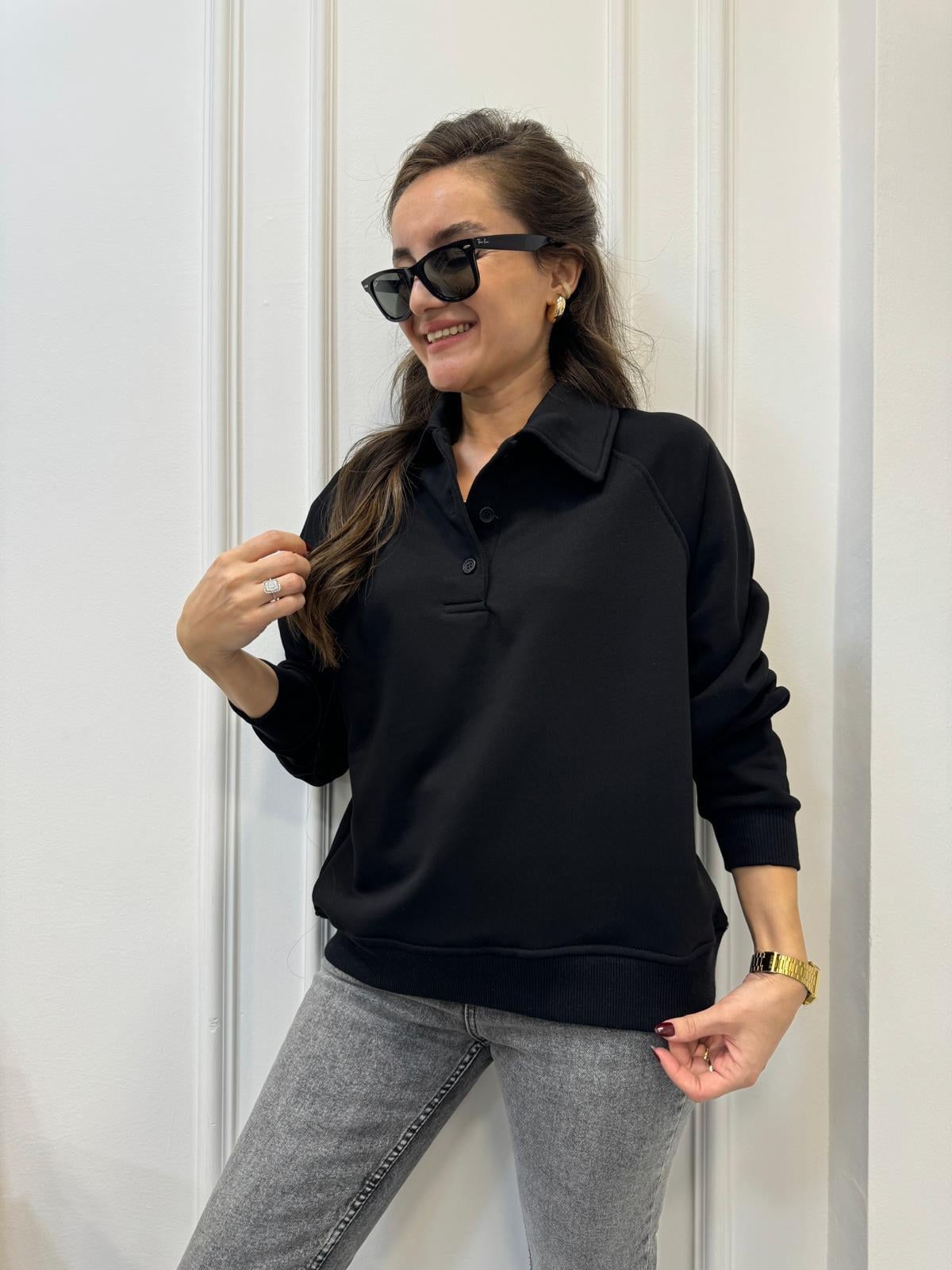 Siyah Polo Yaka Düğmeli Sweatshırt 580094