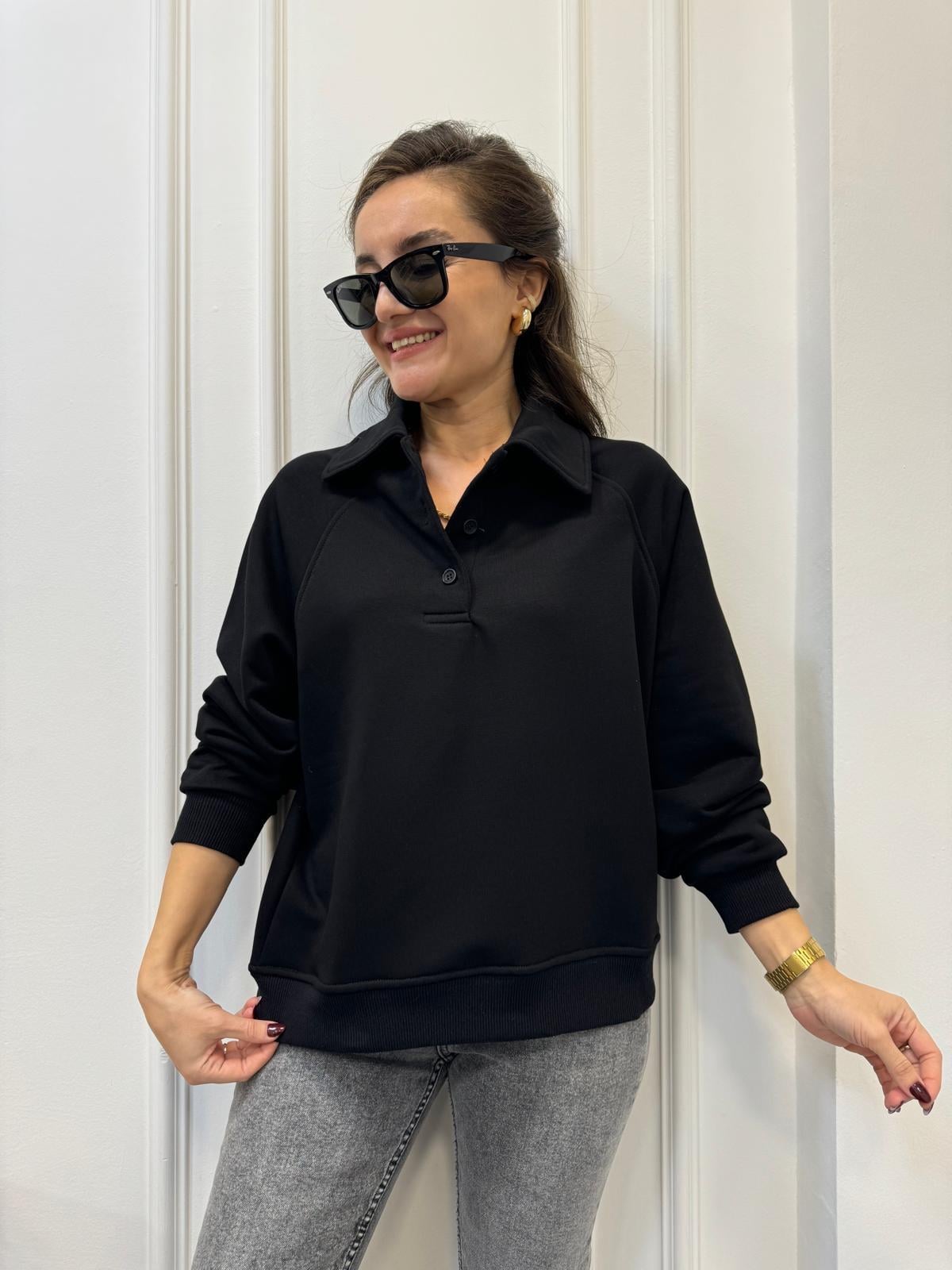Siyah Polo Yaka Düğmeli Sweatshırt 580094