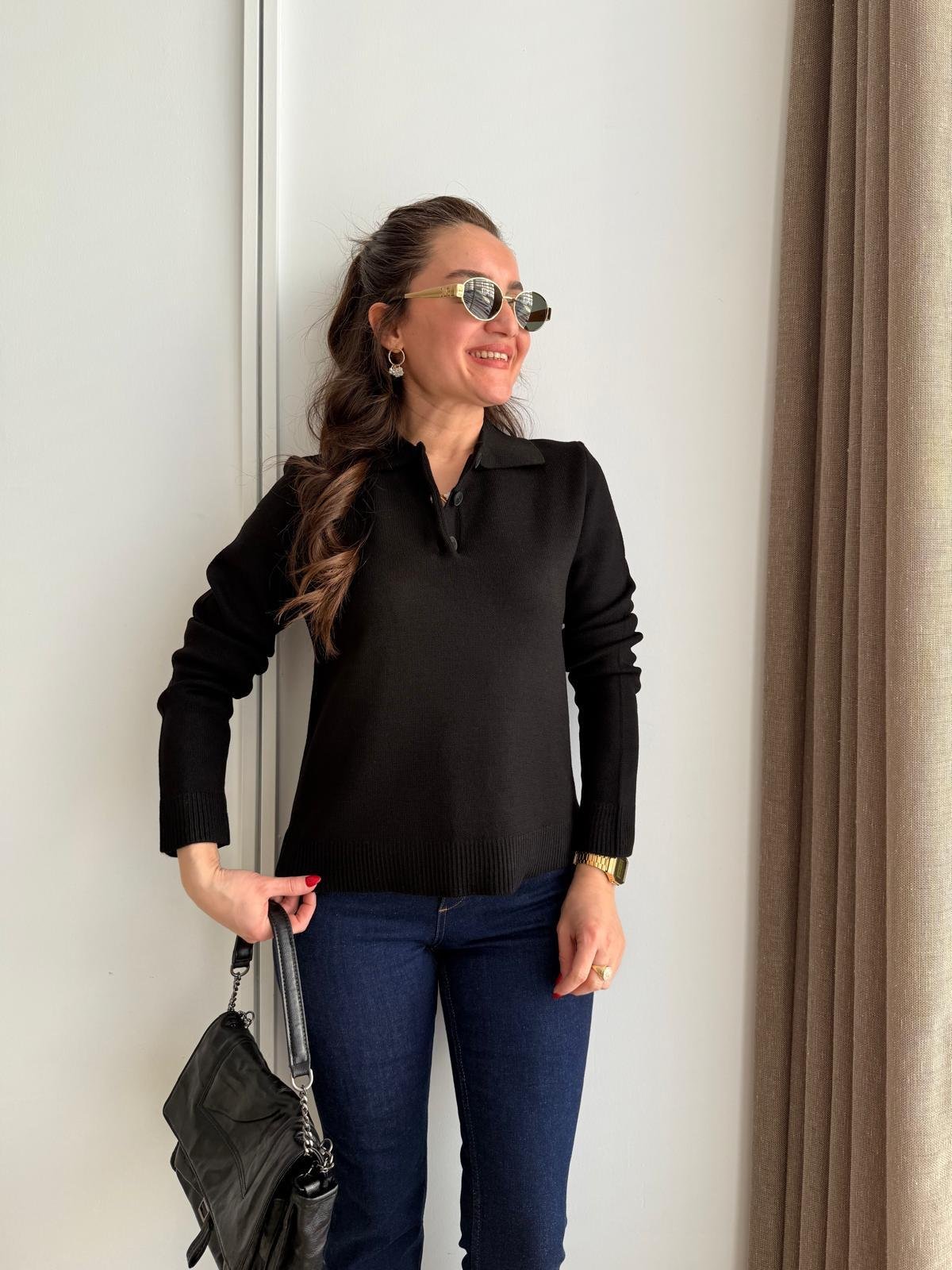 Siyah Polo Yaka Düğmeli Triko Kazak 241174