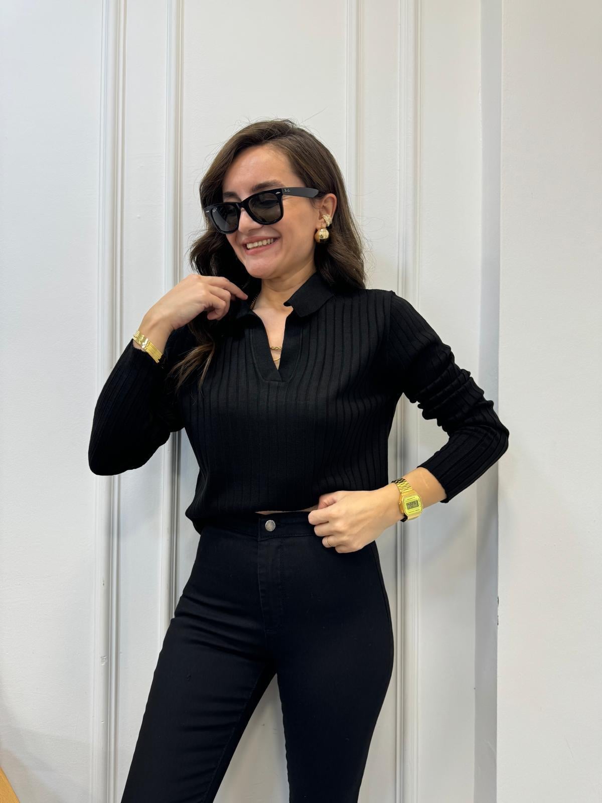 Siyah Polo Yaka Fitilli Triko Bluz 3243