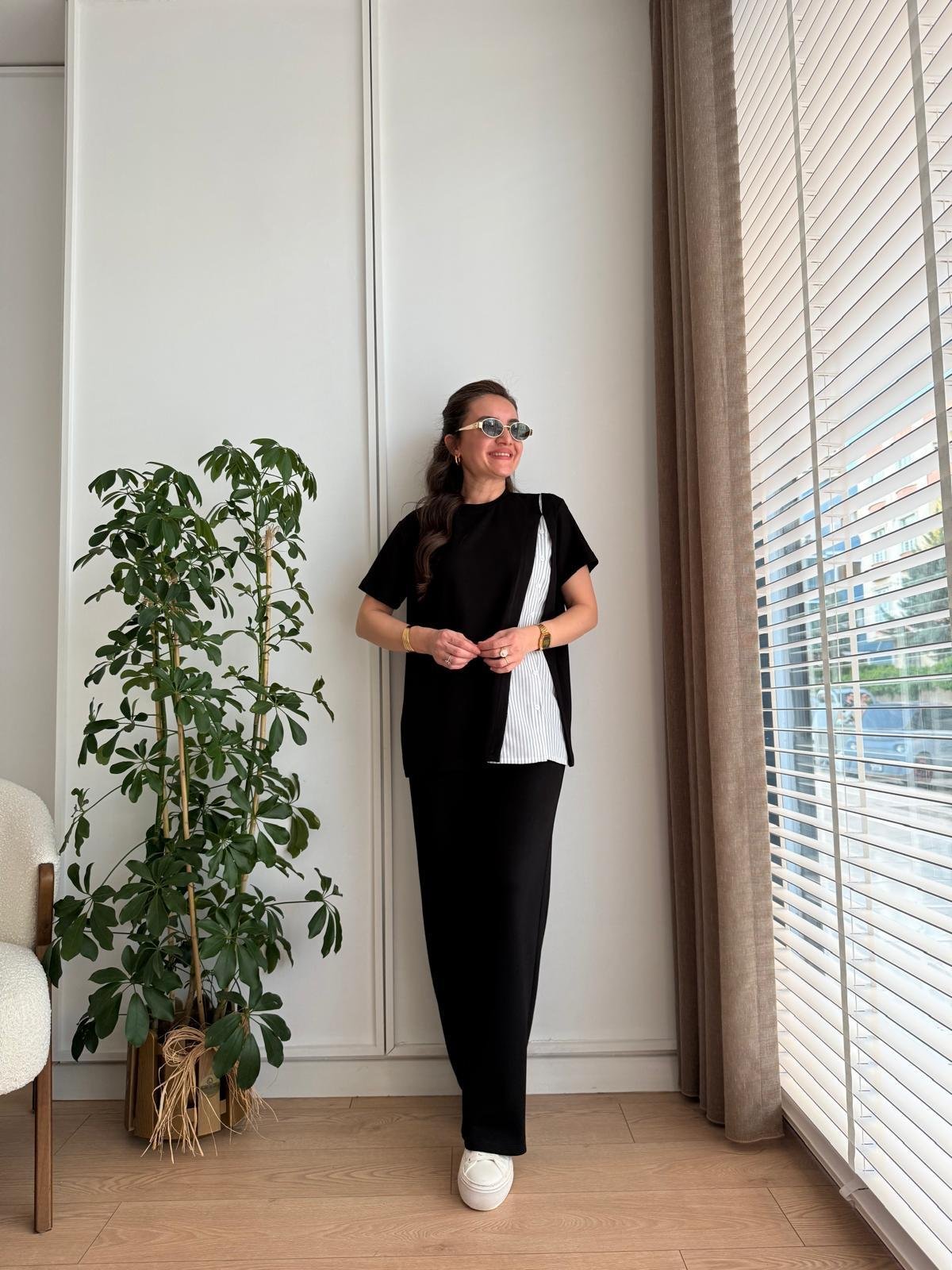 Siyah Poplin Düğme Detaylı Takım 2222