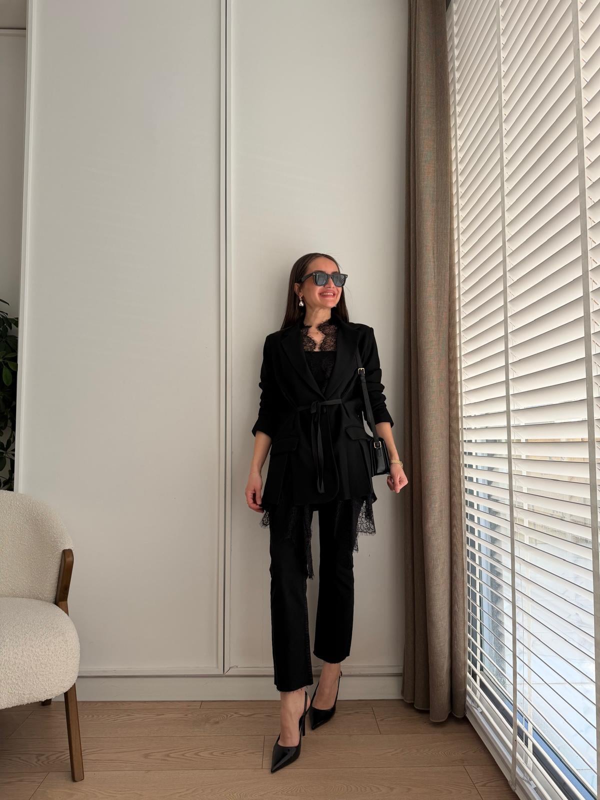Siyah Premium Dantel Detaylı Blazer Ceket 2781