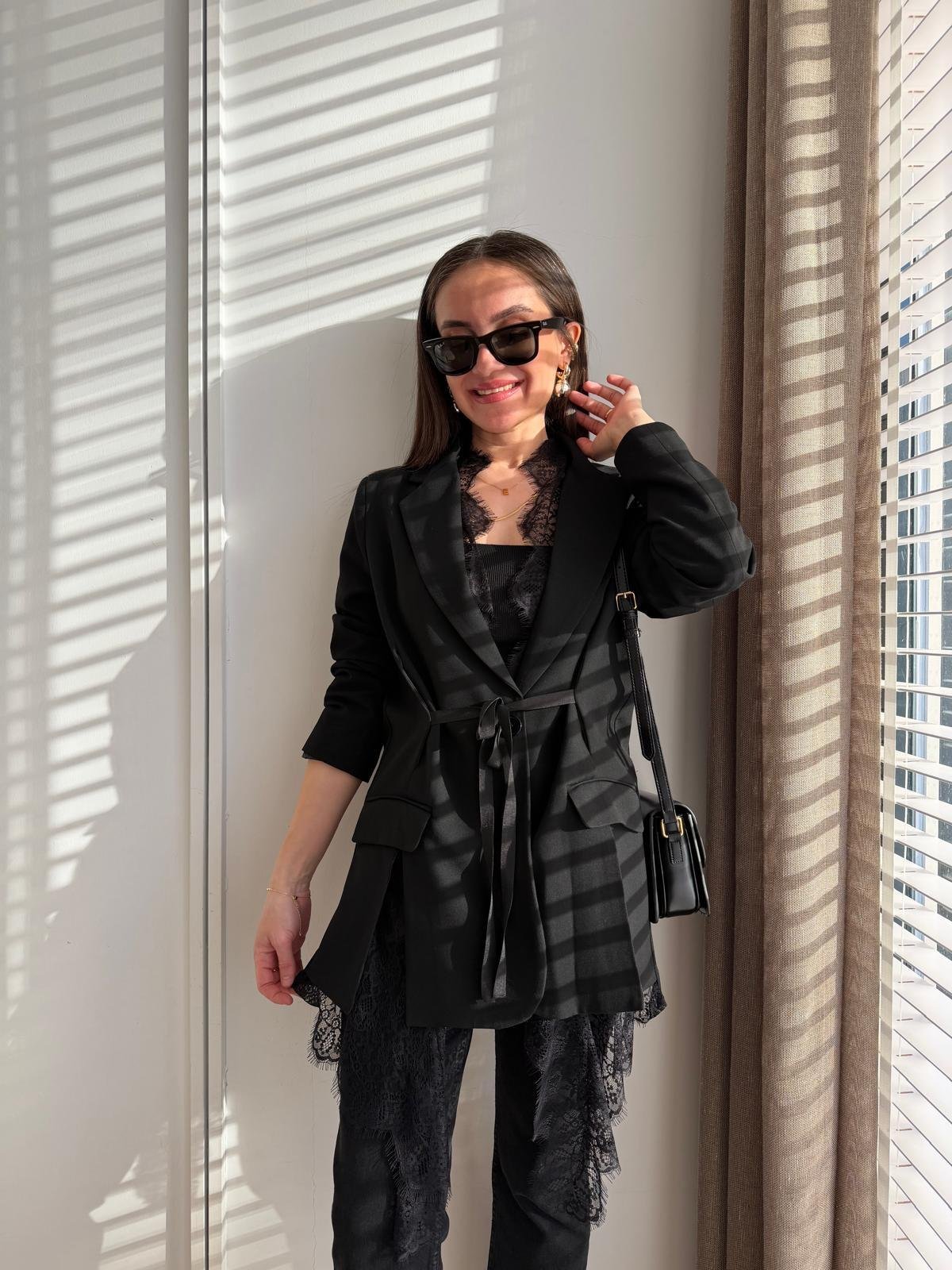Siyah Premium Dantel Detaylı Blazer Ceket 2781
